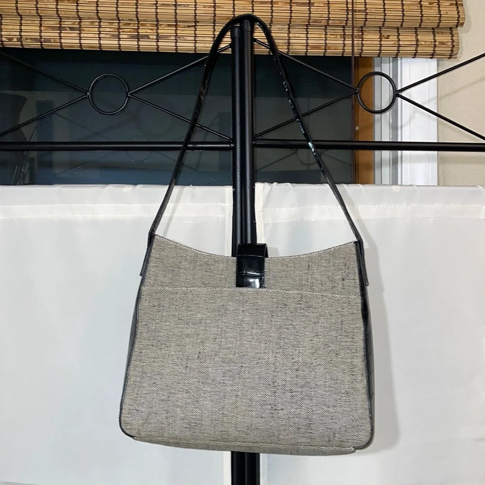 Canvas and Faux Black Croc Shoulder Bag 10”x10”